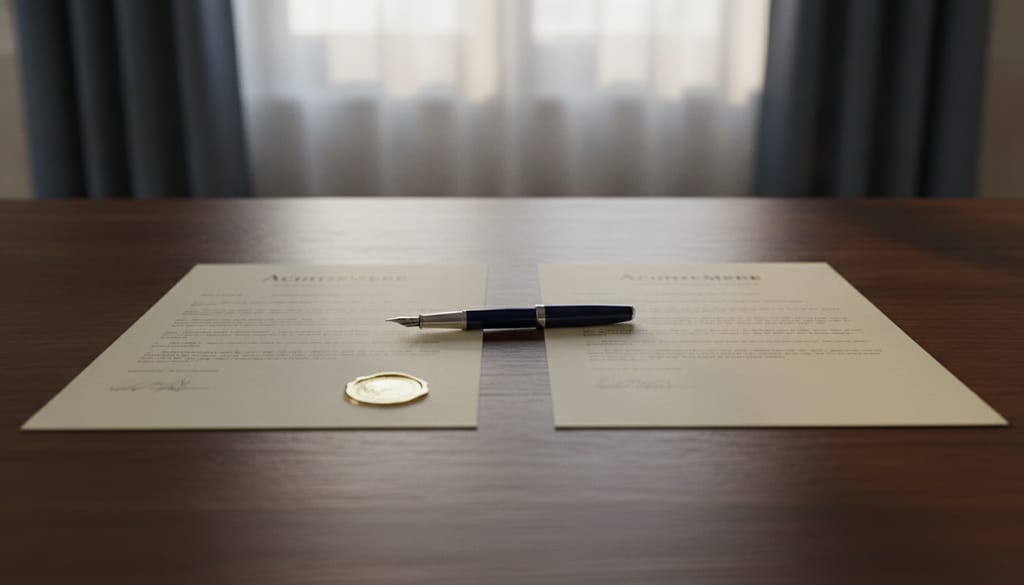 Two printed agreements side by side on a dark wooden desk, one with a small gold seal near its signature and one plain, a fountain pen lying between them, a curtained window behind.