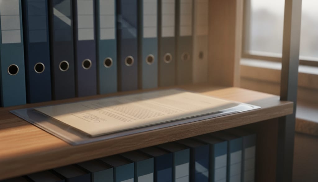 A signed paper agreement in a clear archive sleeve on a shelf among labelled binders, lit by a single shaft of light.