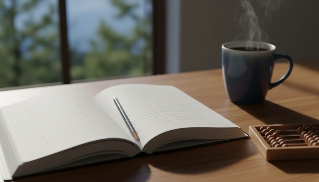 An open ledger of blank ruled paper on a wooden desk, a pencil resting in the gutter, a wooden bead abacus and a mug of coffee beside it, pines through the window.