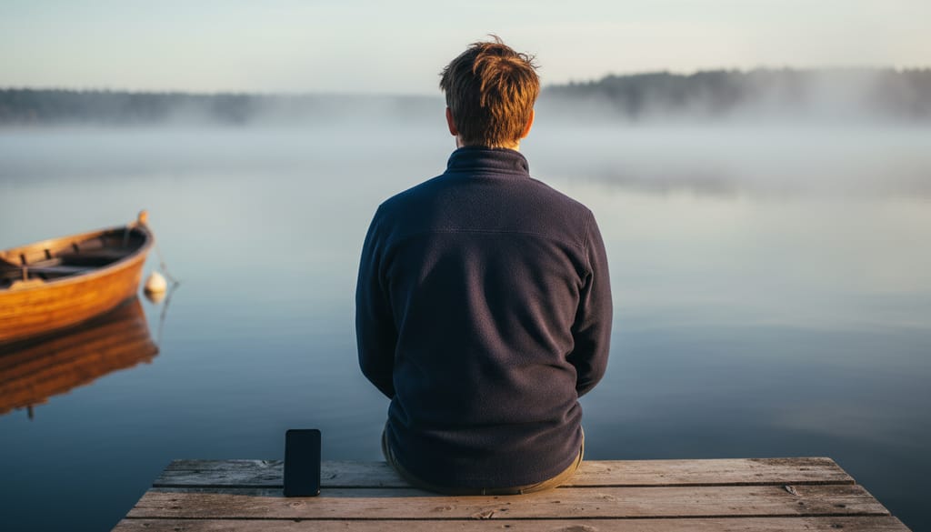 Seen from behind, a person in a navy fleece sitting on the end of a wooden dock at dawn with a phone beside them, mist on the water and a moored boat to the left.