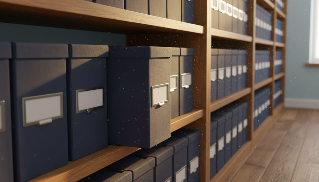 A long shelf of identical navy archive boxes receding into soft focus, the nearest one slightly pulled out, empty label holders, a shaft of morning light across the row.