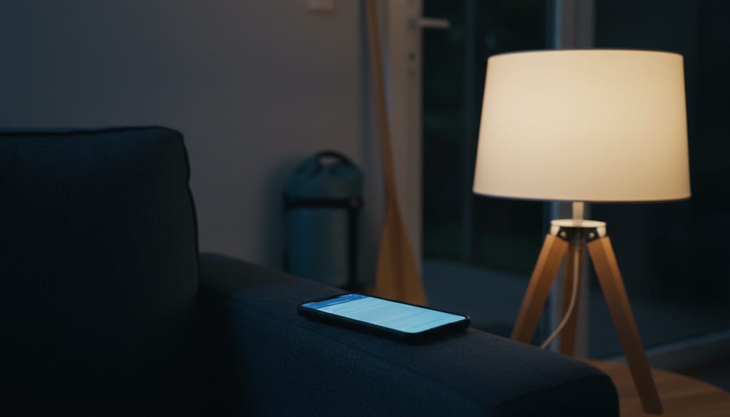 A phone resting on the arm of a sofa at night, showing a document page, with a lamp lit and a packed bag and paddle by the door out of focus.