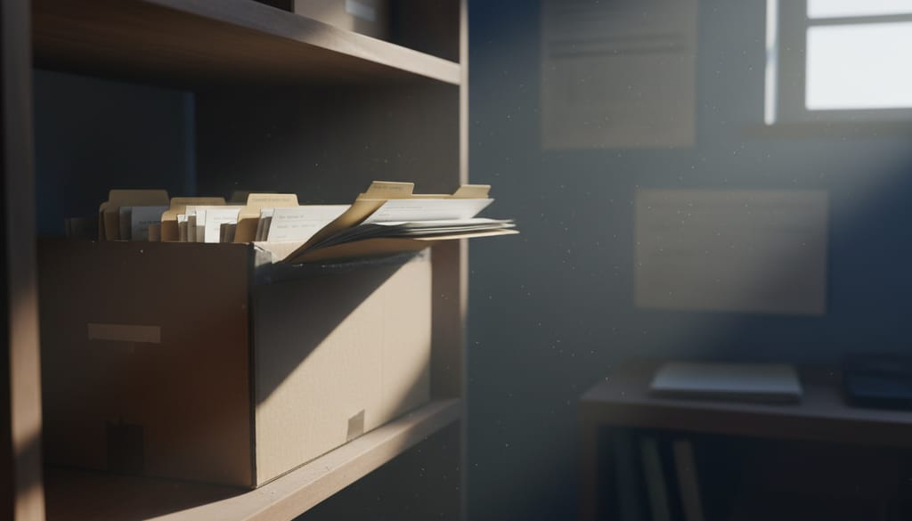A cardboard archive box of paper forms on a shelf in a dim back office, one folder pulled halfway out, dust in a beam of light from a high window.