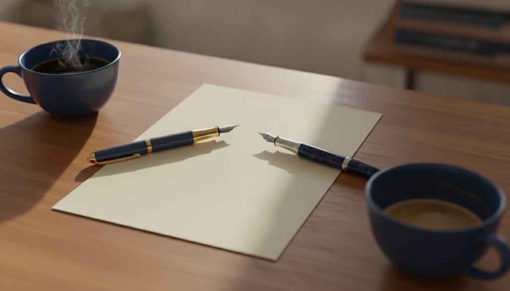 Two fountain pens lying head to tail on either side of a single blank sheet of cream paper on a wooden table, a coffee cup at each opposite corner.