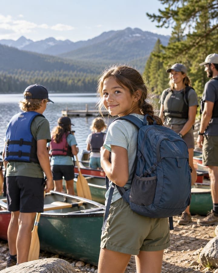 Children in buoyancy aids gathered at a lake shore beside canoes with wooden paddles, two adult leaders standing with them, mountains behind.