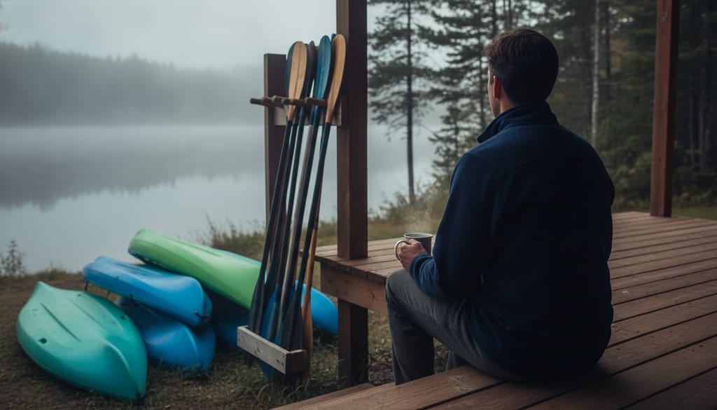 A person in a navy fleece seen from behind, sitting on the wooden porch steps of a lakeside outfitter's cabin with a mug of coffee, a rack of paddles and a stack of kayaks beside the steps, mist over the lake and pines beyond.