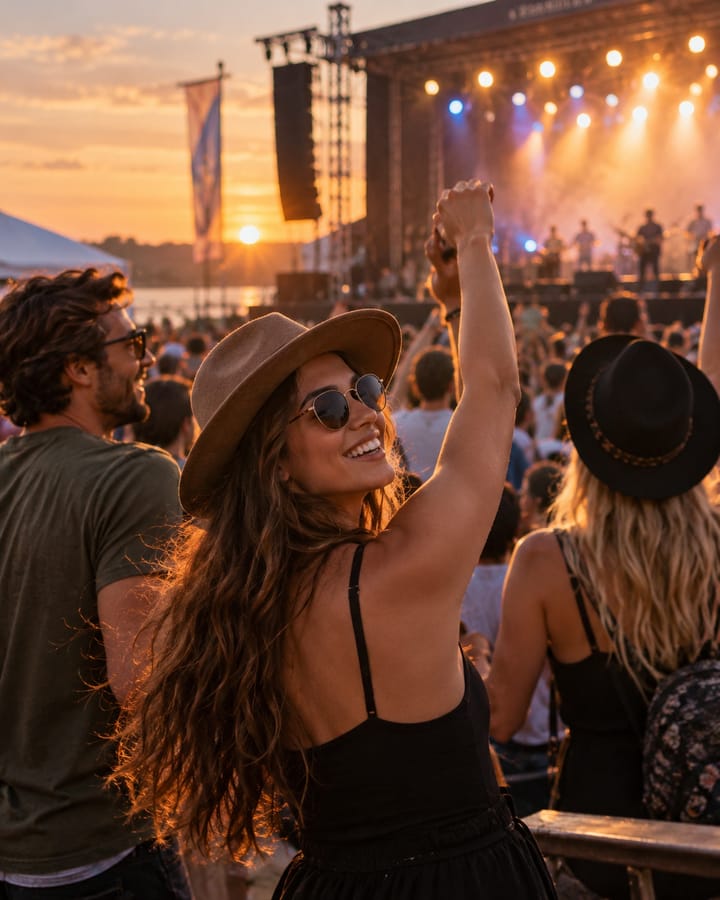 A crowd at an outdoor stage at sunset, a woman in a wide-brimmed hat dancing with her arm raised in the foreground, the band lit behind.