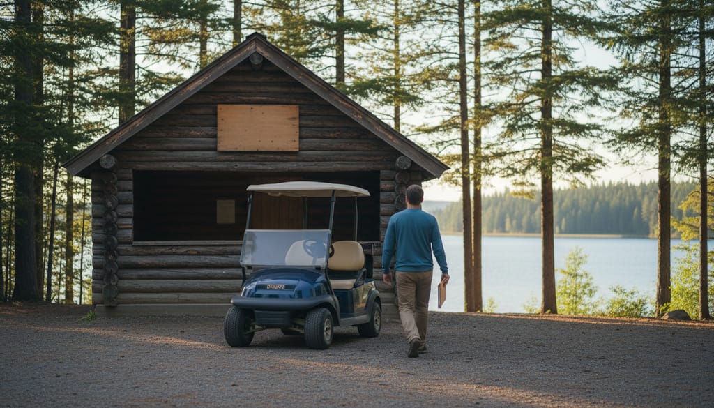 A wooden campground registration hut with a golf cart parked on the gravel loop in front of it, pines and a lake beyond, a person walking away from the hut with a folder.