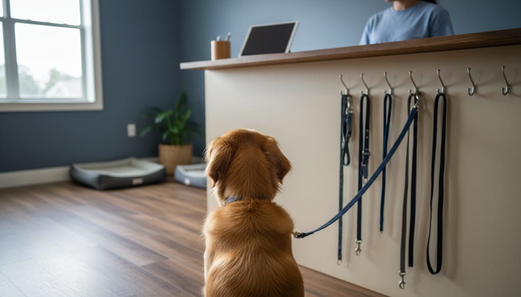 A golden retriever on a lead waiting by a wooden reception counter in a dog daycare, leashes on hooks, a tablet on the counter.