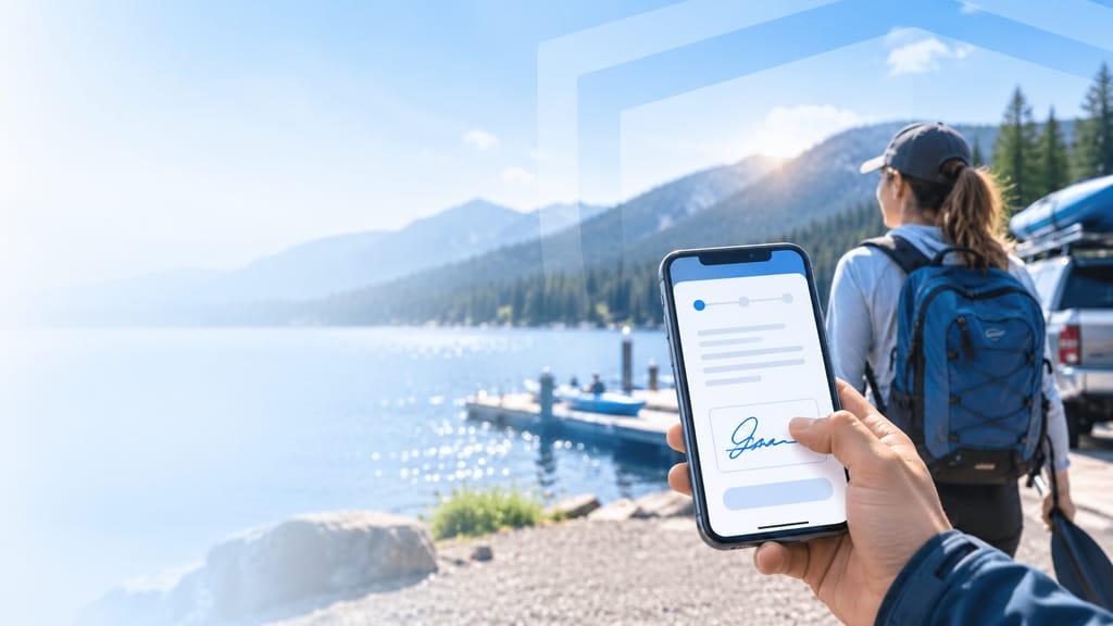 A hand holding a phone showing a document and a signature, beside a mountain lake with a dock, small boats and a person walking to the water with a backpack.
