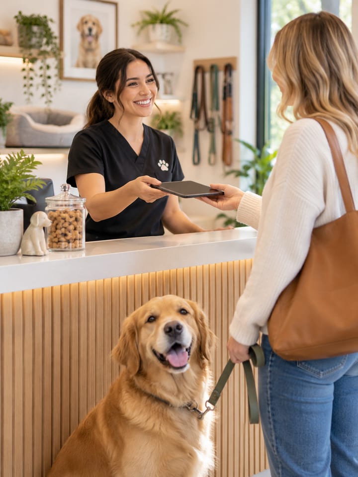 A receptionist in scrubs at a pet salon counter handing a tablet to a customer, with a golden retriever on a lead sitting at the counter between them.