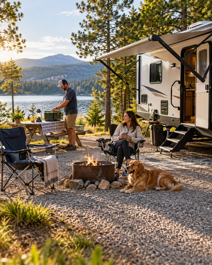 A couple at a lakeside campsite beside a caravan, one at a picnic table and one sitting by a lit fire pit, with a golden retriever lying on the gravel.