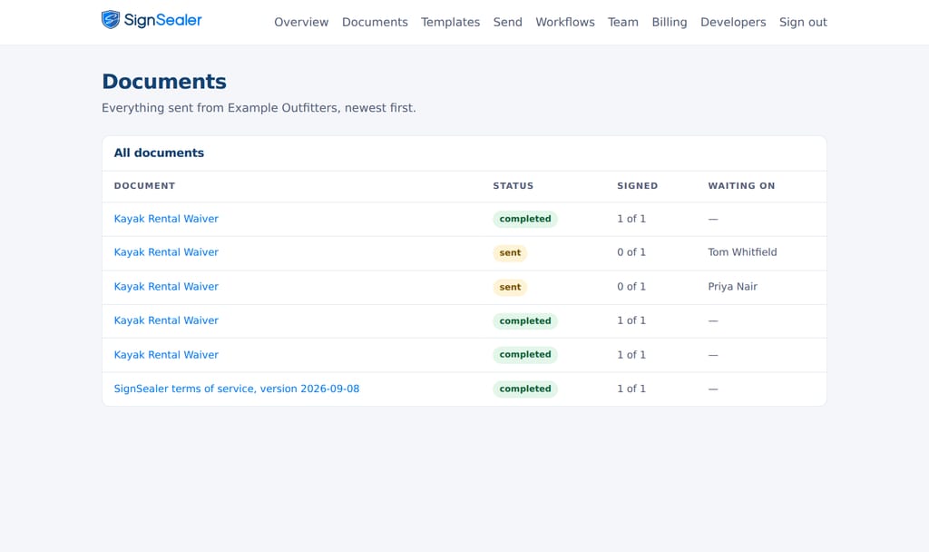 The portal's Documents page for Example Outfitters: a table of kayak rental waivers, each marked completed or sent, with who has signed and who it is still waiting on.
