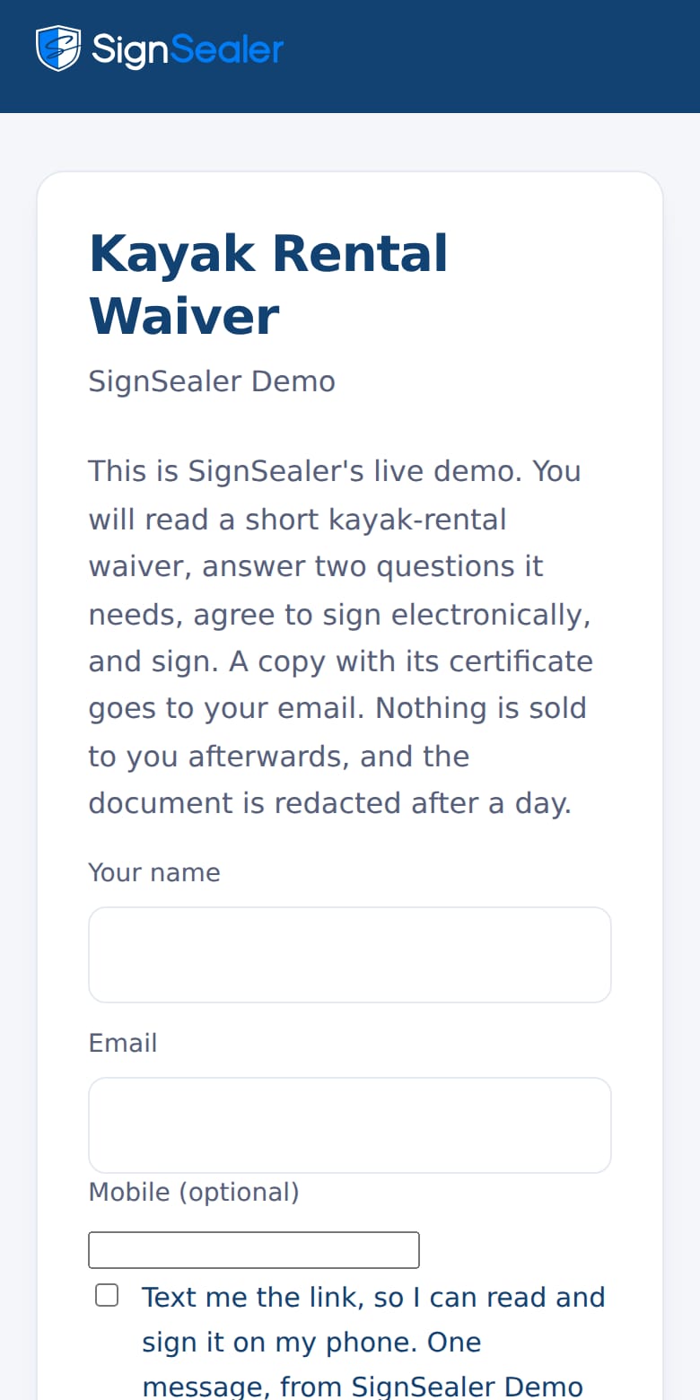The public demo form on a phone: name, email, mobile with a text-me-the-link tick, and two emergency-contact questions.