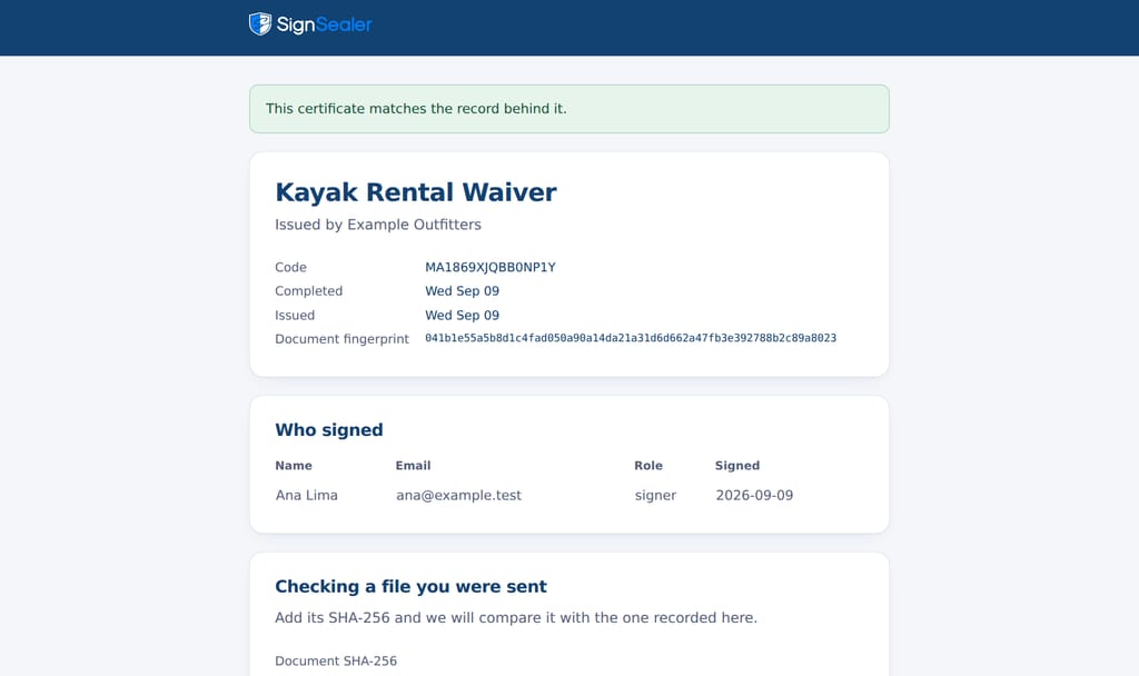 The certificate check page: a green notice that the certificate matches the record, the document's title, code, dates and fingerprint, and who signed.