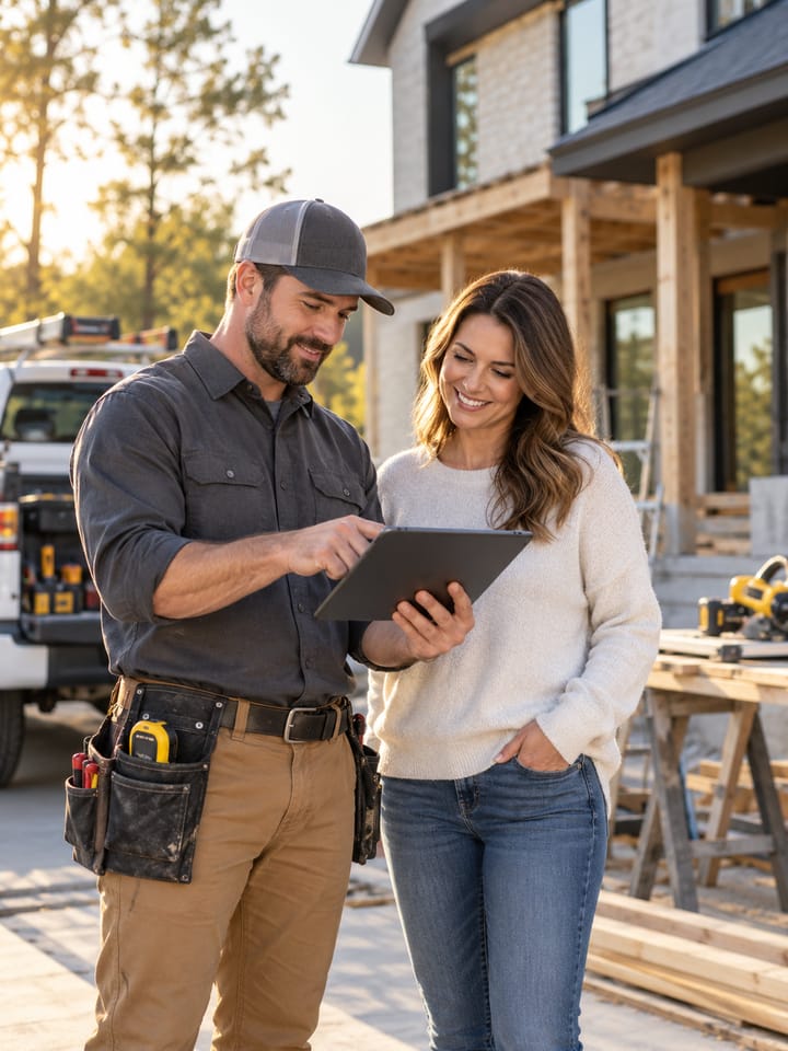 A contractor in a tool belt holding a tablet and pointing at it, beside a homeowner, in the driveway of a house under construction with a pickup and timber behind them.
