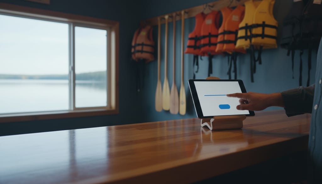 A tablet on a wooden stand on an outfitter's counter showing a blank signature line and one button, a customer's hand reaching to sign, a stylus beside it, life jackets and paddles out of focus on the wall behind.