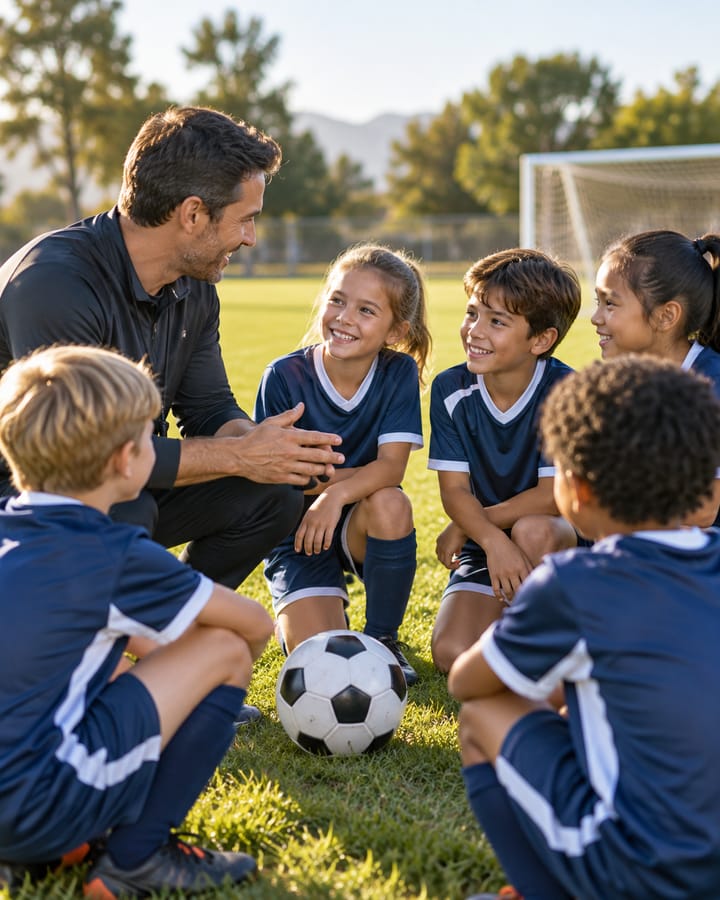 A coach crouching on a grass pitch, talking to seven children in navy football kit sitting around him in a circle, with a ball between them and a goal behind.